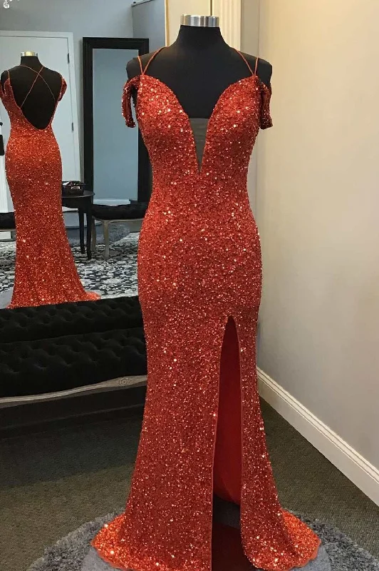 halter neck prom dressesRed Sequin Off-the-Shoulder Mermaid Long Prom Dress with Slit