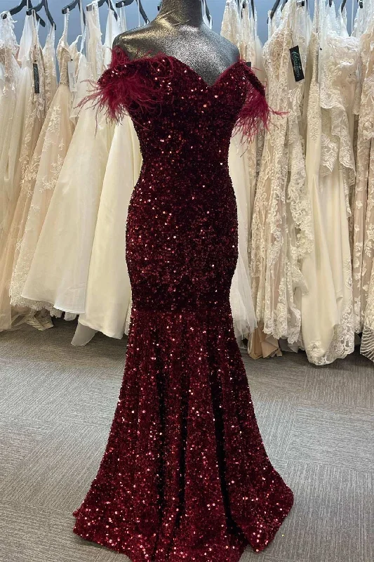 bespoke prom dressesBurgundy Sequin Feather Off-the-Shoulder Mermaid Long Prom Gown