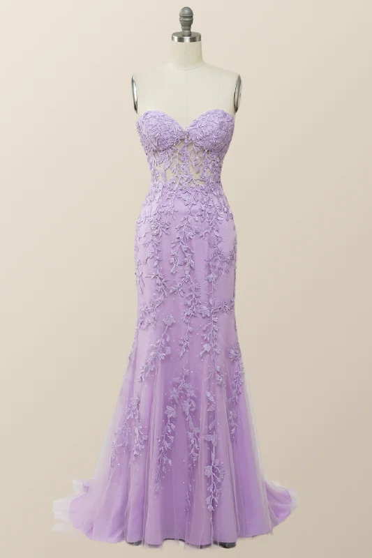 prom dresses for short girlsSweetheart Lavender Lace Mermaid Long Prom Dress