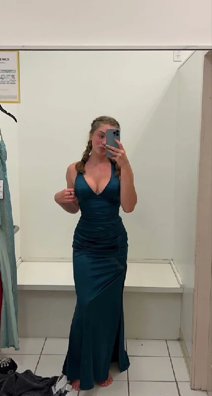 silk prom dressesDark Green V Neck Halter Mermaid Satin Long Prom Dress MD7340