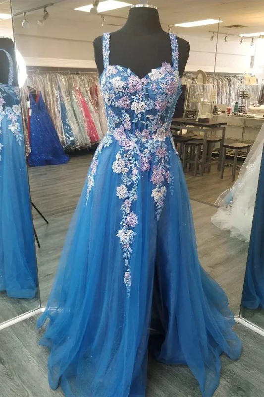 prom dress alterationsBlue Sweetheart A-Line Prom Gown with Floral Appliques