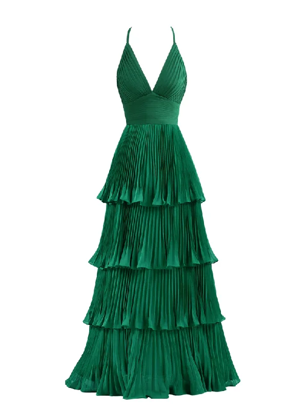 sleeveless prom dressesGreen V Neck A-Line Cross Back Tiered Long Prom Dress MD7282