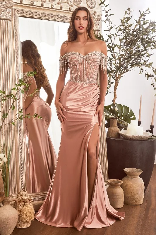 prom dress try-on ideasEmbellished Off Shoulder Satin Side Slit Sweetheart Long Prom Dress CDCD821