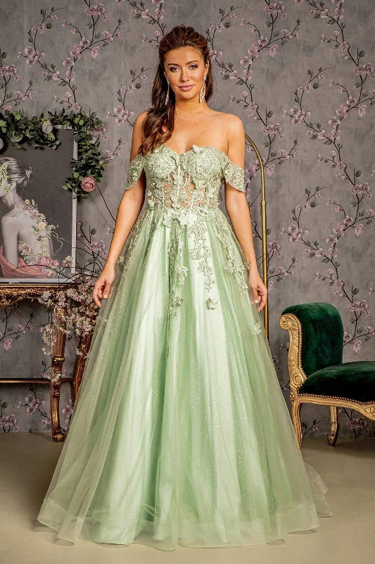 glamorous prom dresses3D Butterfly Bead Sheer Bodice Mesh A-line Long Prom Dress GLGL3296