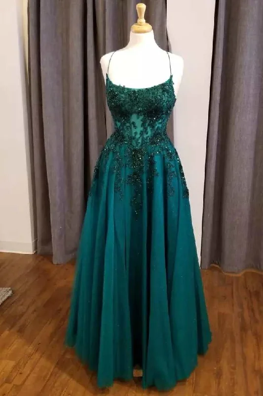 corset prom dressesHunter Green Floral Lace Scoop Neck A-Line Prom Dress