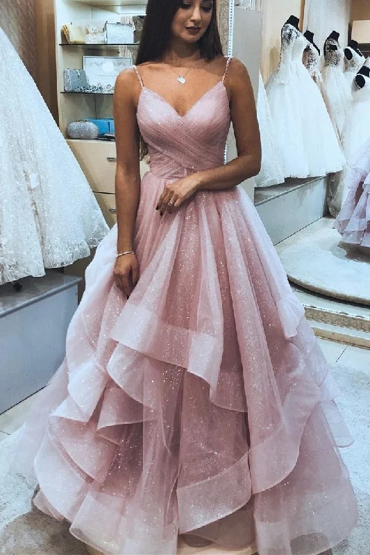 prom dress cleaningGlitter Pink Ruffled Long Prom Dress