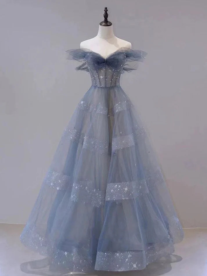 dark prom dressesOff The Shoulder Blue Tulle A Line Long Prom Dress MD7637