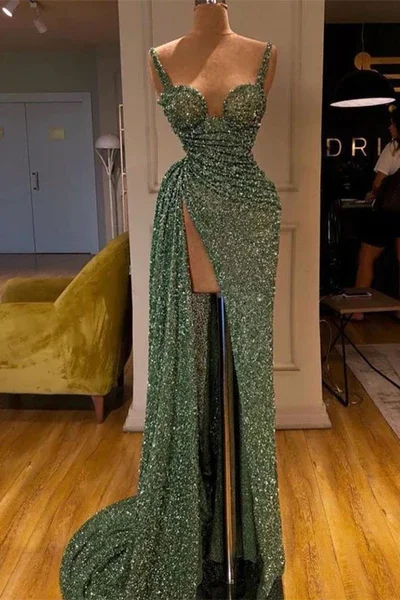 prom dresses with illusion panelsSPAGHETTI-STARPS SHINNING SEQUINS MERMAID PROM DRESS WITH SPLIT M5876