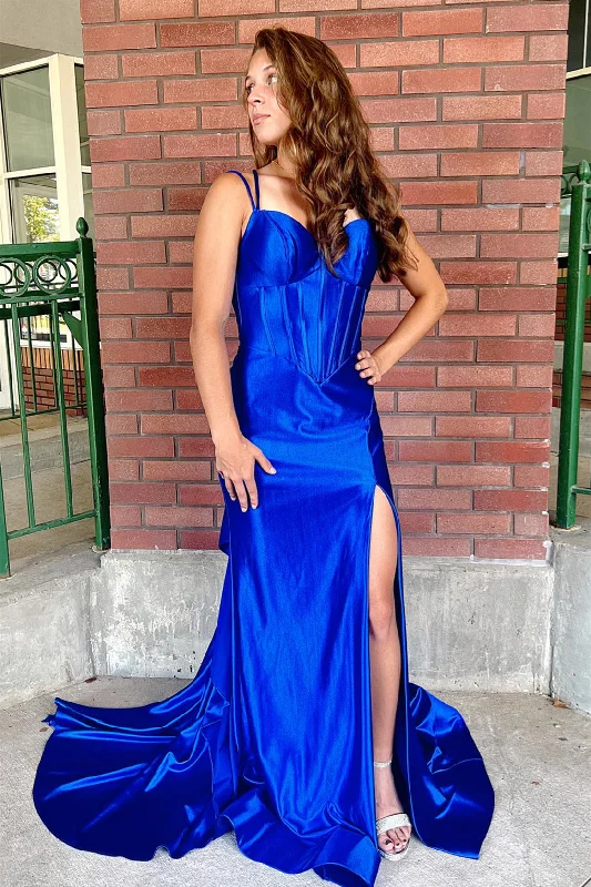 chiffon prom dressesRoyal Blue Satin Mermaid Straps Long Prom Dress with Slit