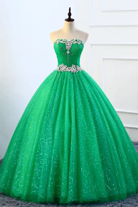 prom dress fitting adviceStrapless Green Sequins Tulle Long A Line Beaded Prom Dress, Formal Dress M5445