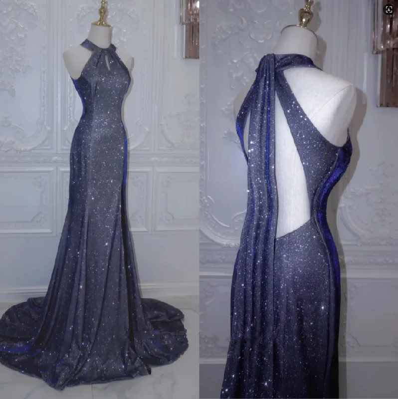 sweetheart neckline prom dressesShiny Navy Halter Backless Mermaid Satin Long Formal Prom Dress, D197