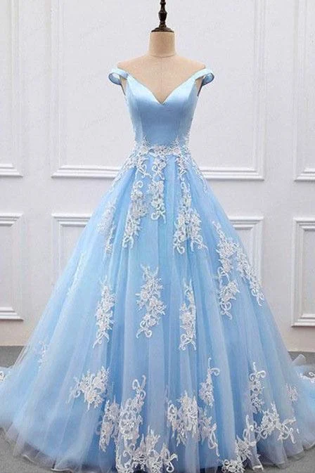 bodycon prom dressesSky Blue V-neck A-Line Lace Appliques Tulle Prom Dresses,Formal Women Dress  M1243