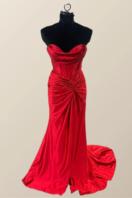 halter prom dressesSweetheart Red Satin Mermaid Long Prom Dress