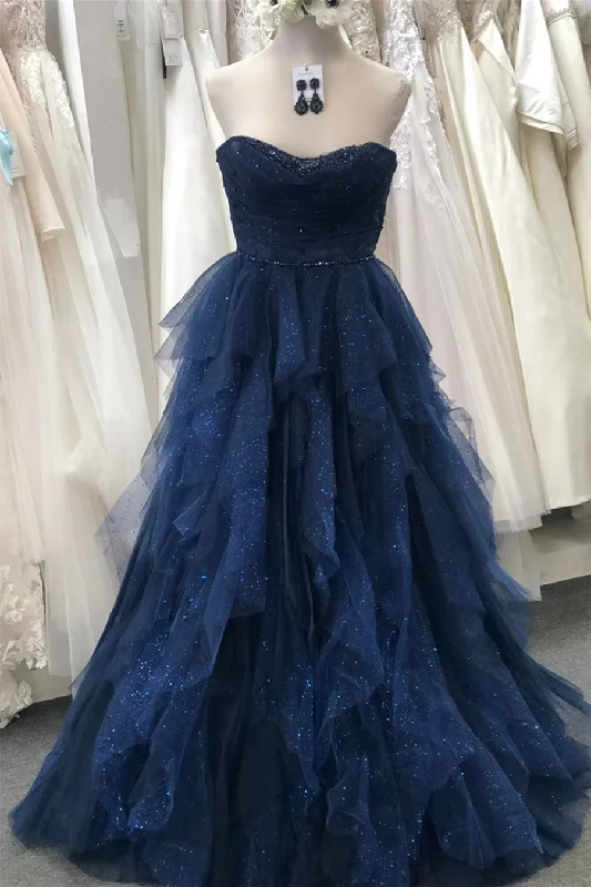 high-slit prom dressesSparkly Navy Blue Strapless Ruffle Layers Tulle Long Prom Dress