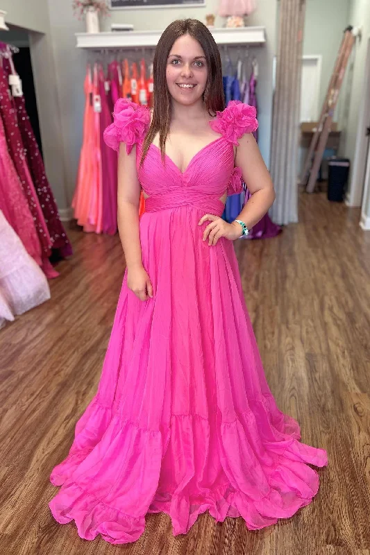 off-the-shoulder prom dressesRose Pink Ruffle Shoulder Plunging V Neck A-line Lace-Up Long Prom Dress