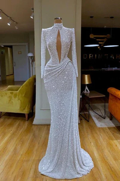 prom dresses for springSTUNNING LONG SLEEVE HIGH NECK SEQUINS PROM DRESS MERMAID LONG M5869