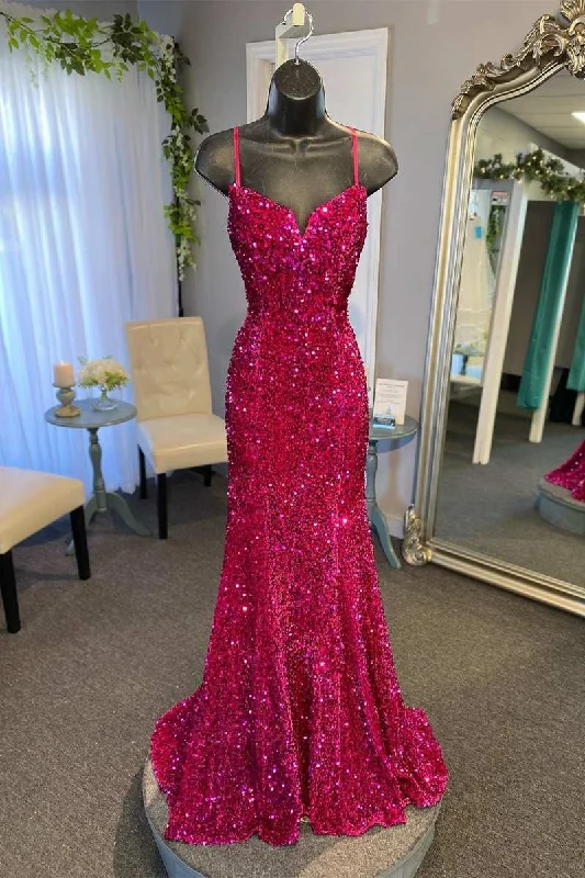 prom dresses for winterMagenta Sequin Split Neck Mermaid Long Prom Dress