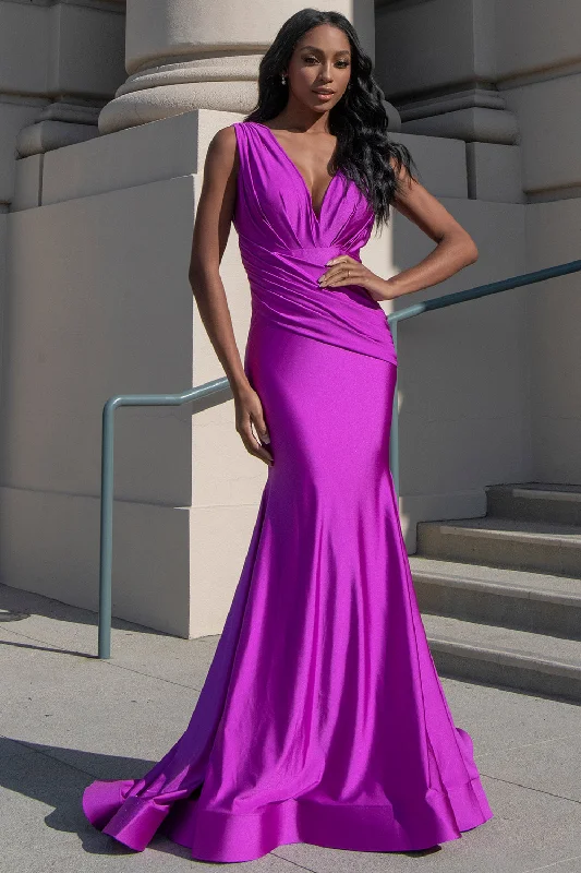 metallic prom dressesSleeveless Fit & Flare Lycra Ruched Waist Plunge Neck Long Prom Dress AC370-1