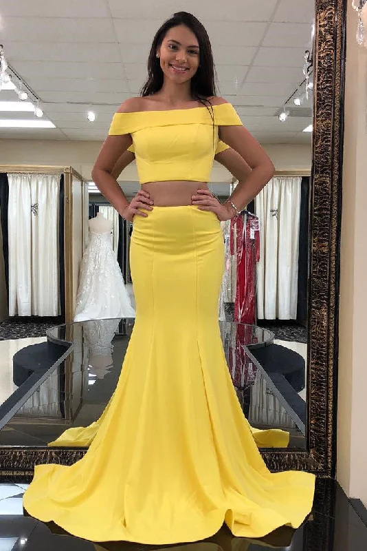 halter neck prom dressesTwo Piece Off the Shoulder Yellow Mermaid Long Prom Dress