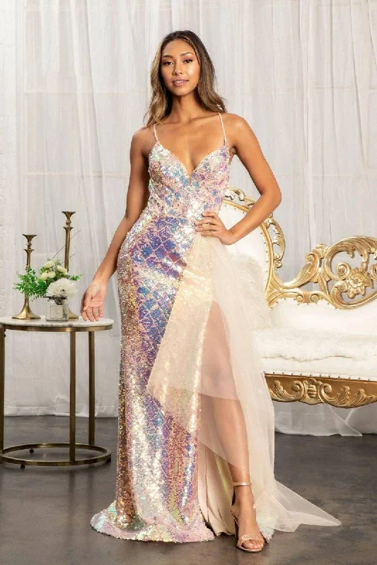 prom dresses for tall girlsFull Iridescent Sequin Cut-Out Back w/ Detachable Mesh Layer Long Prom Dress GLGL3026