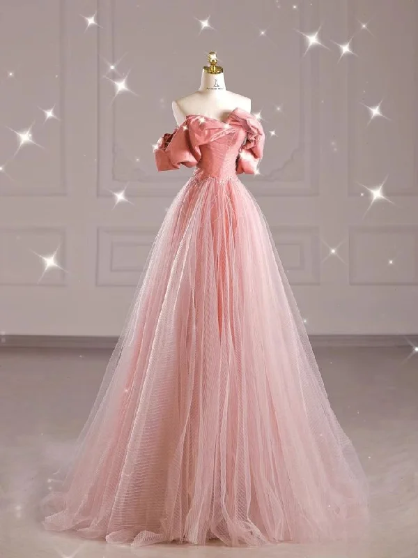 prom dress cleaningPink Off Shoulder Tulle A-Line Long Formal Prom Dress, MD7954