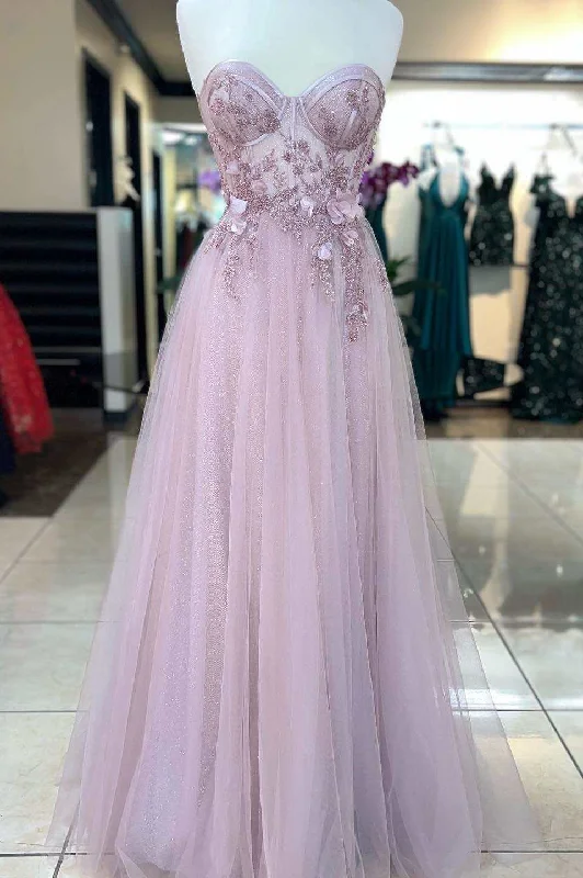 high-slit prom dressesPrincess Pink Sweetheart 3D Floral Lace A-Line Prom Dress