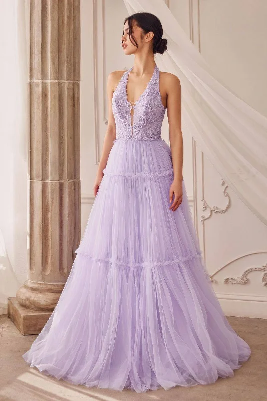 prom dresses with pocketsGarden Lace Gree Lavender Mid Open Laced Back Halter Tier Skirt Long Prom & Ball Dress CDA1206