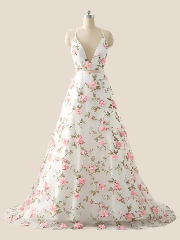 long prom dressesWhite Straps 3D Floral A-line Long Prom Dress