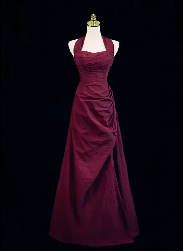 satin prom dressesBurgundy Halter A-Line Vintage Long Formal Prom Dress MD7341