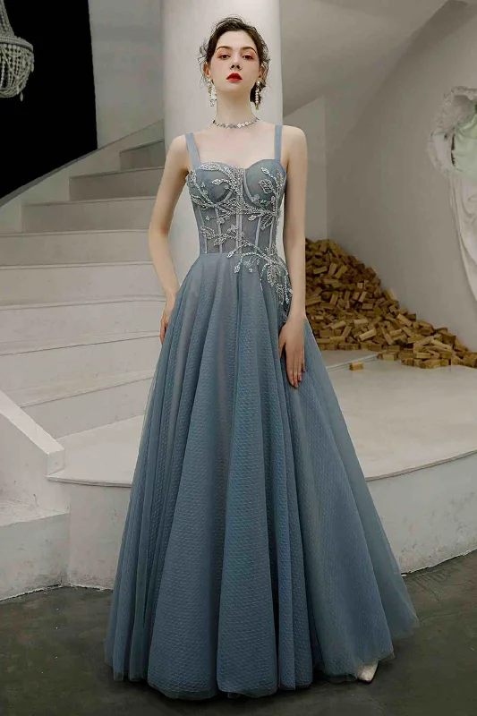 custom prom dressesElegant  A-Line Embroidery Dusty Blue Prom Dress