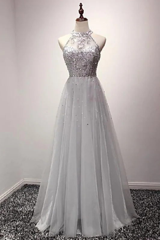 pastel prom dressesCheap Silver A Line Jewel Sleeveless Organza Prom Dress with Sequins Crystals M1419