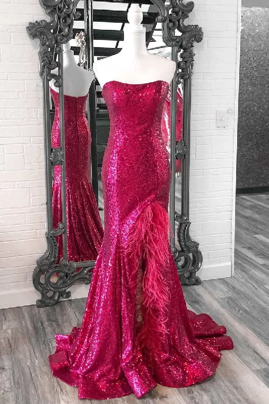 illusion sleeve prom dressesFuchsia Sequin Feather Strapless Mermaid Long Prom Dress with Slit