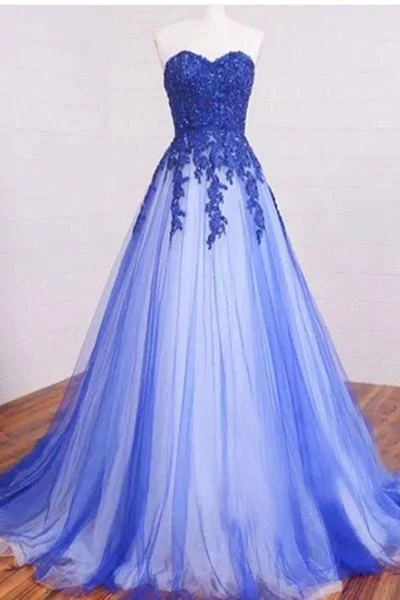 geometric print prom dressesNew Arrival Sweetheart Strapless Lace Appliqued Royal Blue Prom Dress,Simple Formal Dress M1277