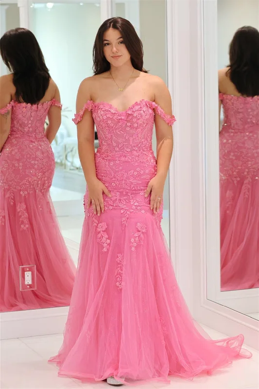 animal print prom dressesPink Off-Shoulder Floral Appliques Mermaid Long Prom Dress