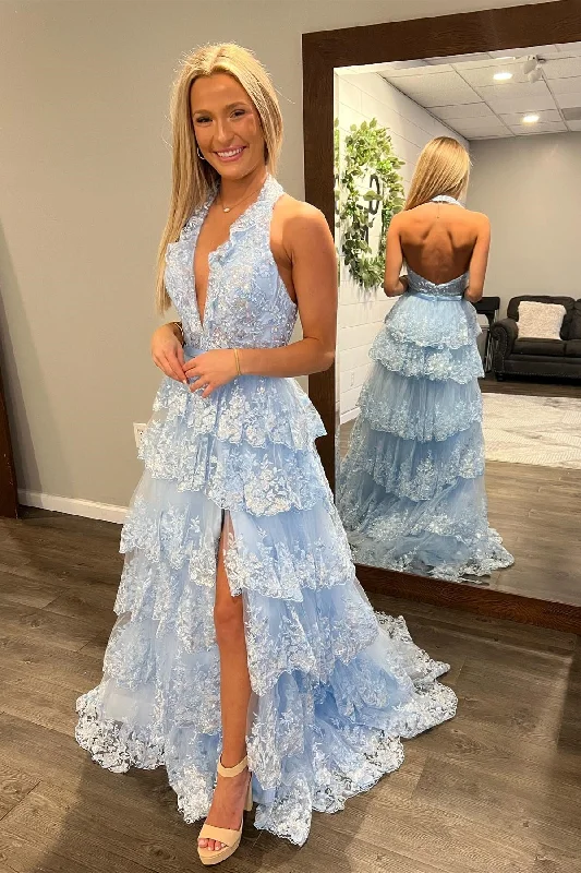 prom dress inspiration galleriesLight Blue Halter Layers Sequined Floral Long Prom Dress with Slit