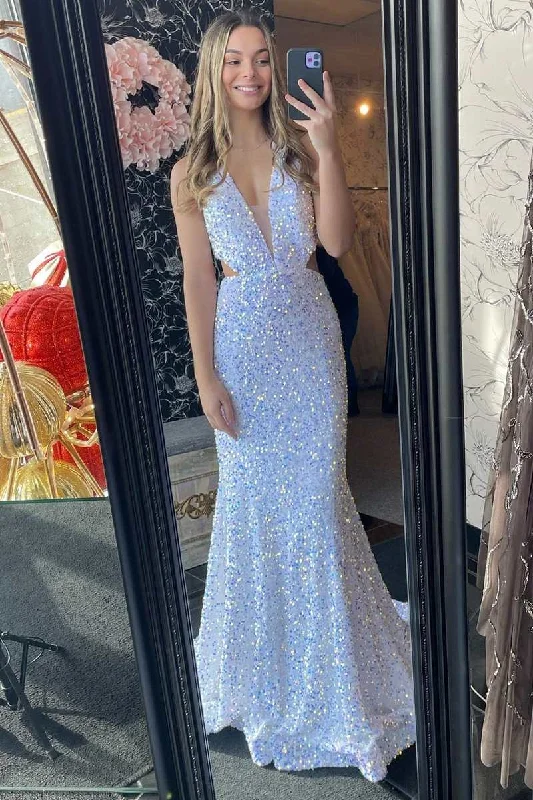 backless prom dressesWhite Iridescent Sequin Halter Cutout Mermaid Long Prom Gown