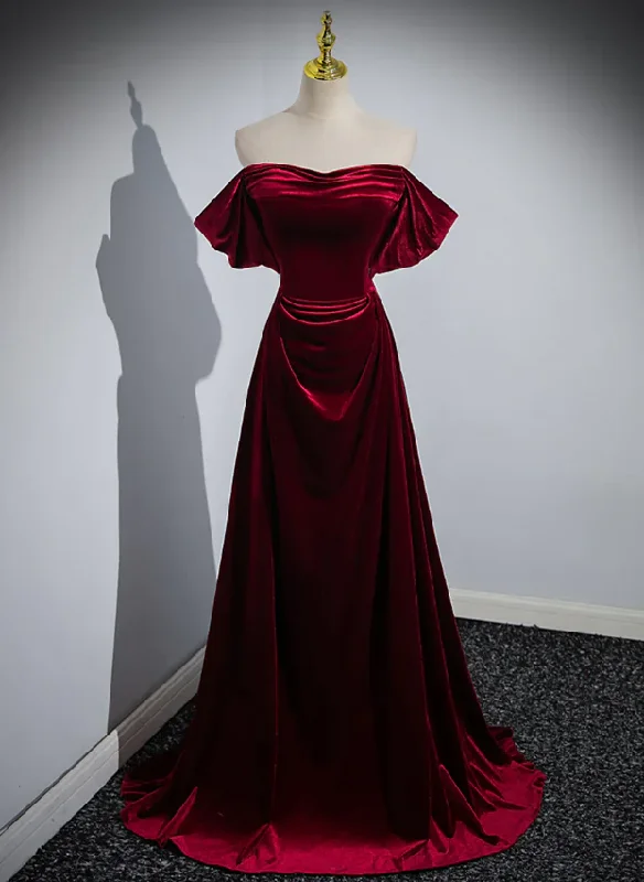 elegant prom dressesElegant Wine Red Off Shoulder A-Line Velvet Long Prom Dress MD7345