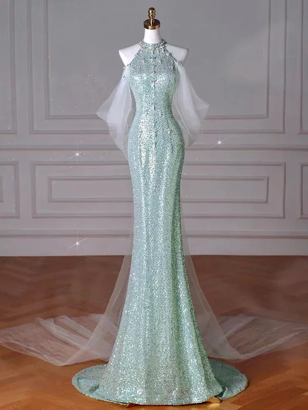 floral prom dressesMint Green Sequins Removable Sleeves Halter Long Prom Gown, Formal Dresses  MD7241