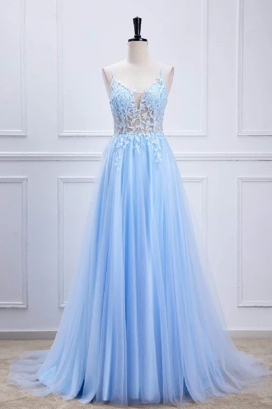 petite prom dressesLight Blue Lace-Up Appliques A-line Tulle Long Prom Dress