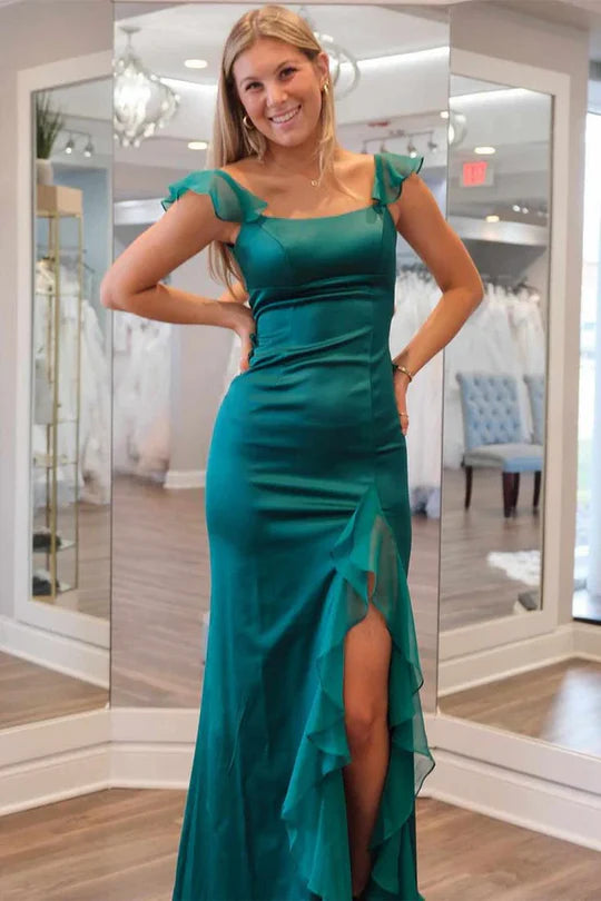 flutter sleeve prom dressesGreen Mermaid Straps Scoop Pleated High Slit Long Prom Formal Dress MD7742