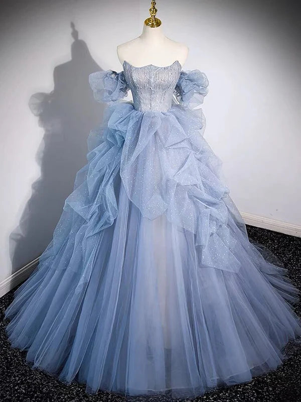 luxury prom dressesBlue Strapless A-Line Tulle Ball Gown Long Formal Prom Dress MD7669