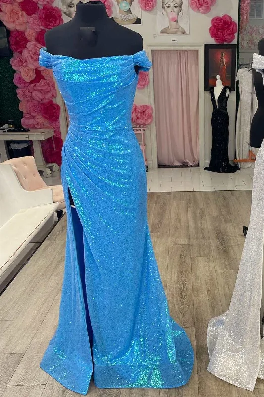 mermaid prom dressesBlue Sequin Off-the-Shoulder Mermaid Long Prom Dress with Slit