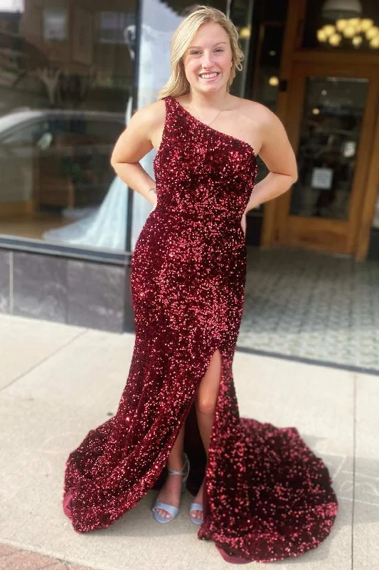 budget-friendly prom dressesWine Red Sequin One-Shoulder Long Prom Gown with Slit