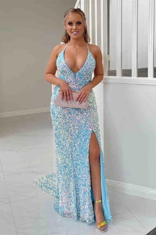 A-line prom dressesGlitter Halter Light Blue Sequined Prom Dress