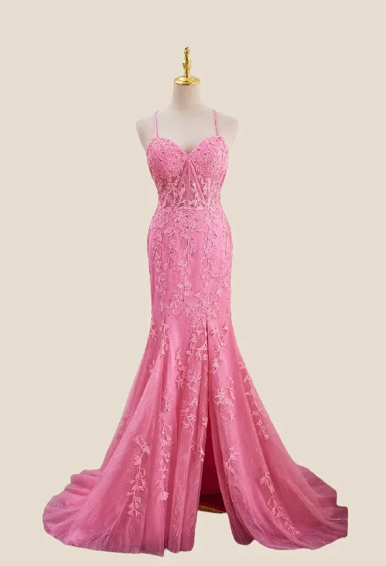 prom dresses with illusion panelsStraps Hot Pink Lace Mermaid Long Prom Dress