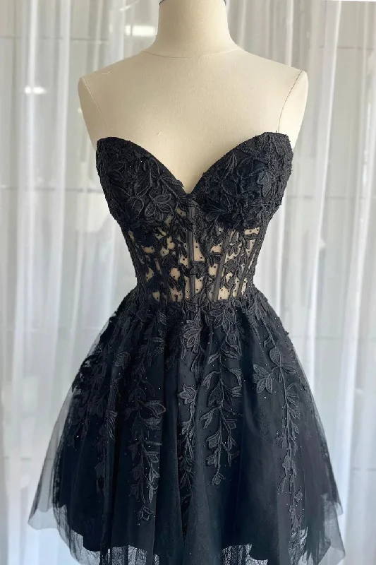 sparkly prom dressesBlack Lace Appliques A-line Short Prom Dress