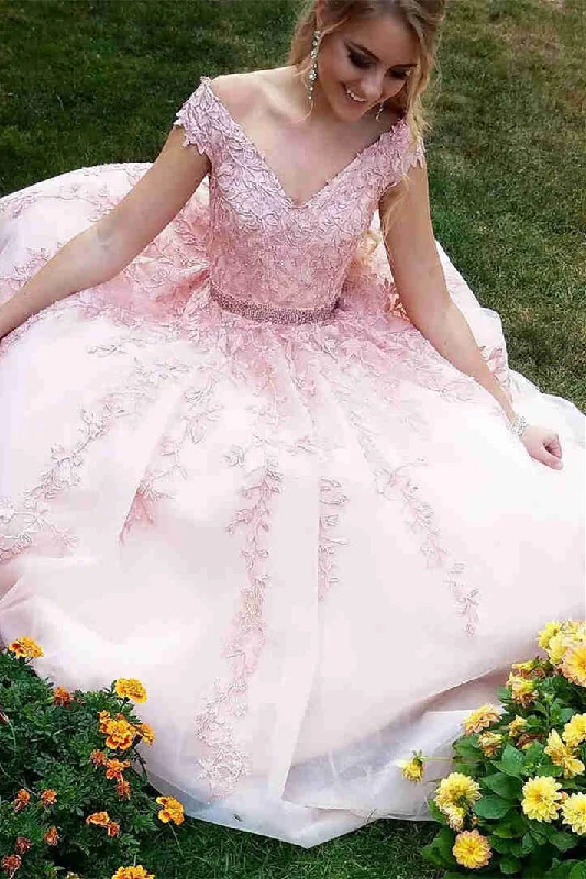 A-line prom dressesPrincess V Neck Pink Lace Appliques Long Prom Dress with Cap Sleeves