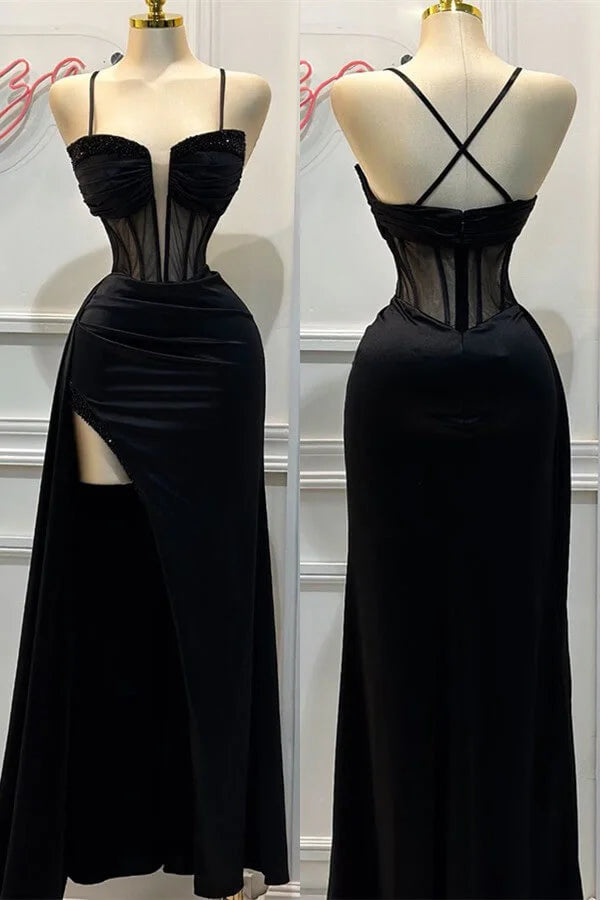 prom dresses with detachable sleevesBlack Spaghetti Straps Sheath Satin Long Formal Prom Dress, D28