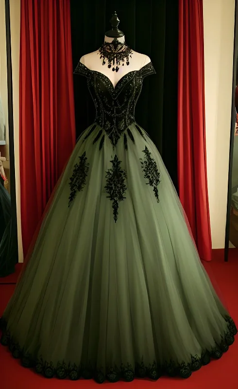 prom dresses with trainsGreen Gothic A-Line Tulle Off Shoulder Long Formal Prom Dress MD7173