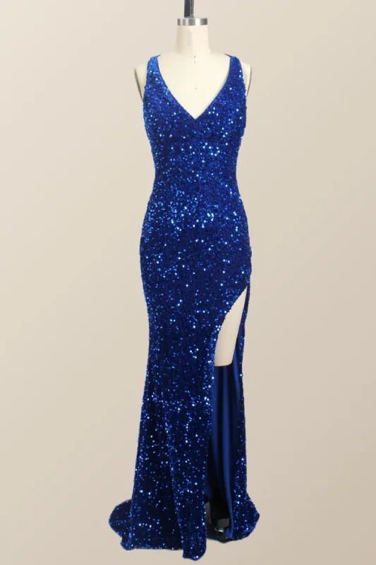 backless prom dressesOne Shoulder Royal Blue Sequin Slit Long Prom Dress